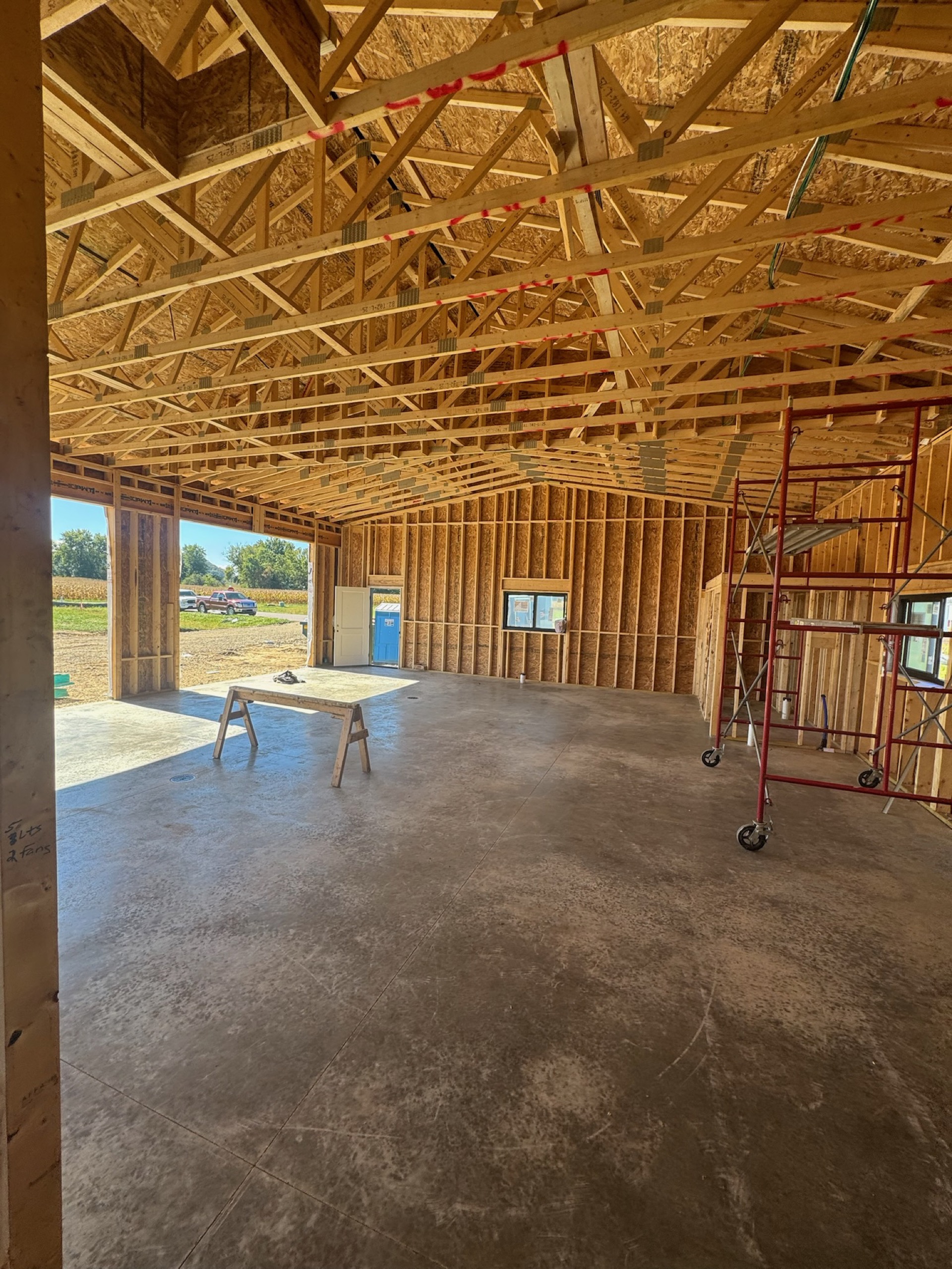 Large commercial interior framing showing cathedral ceiling